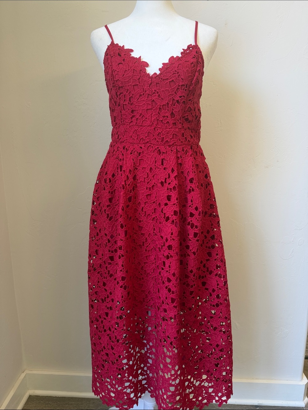Astr Vibrant Red Floral Lace Overlay Midi Dress with Spaghetti Straps